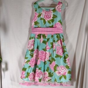 George Kids Formal Floral Dress in Pink & Green w/Polka Dot Details - Size 8
